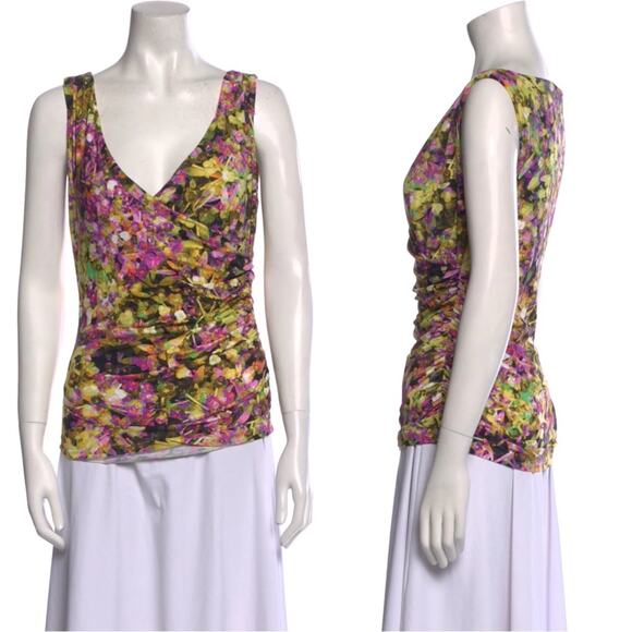 ROBERTO CAVALLI Top 40~S Floral Geo-Print V-Neck FauxWrap Ruch Stretch Multicolo